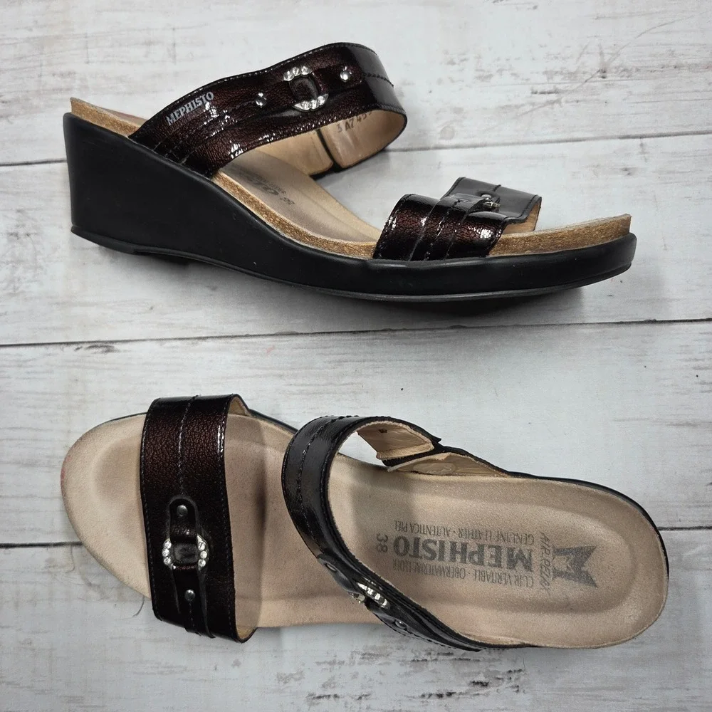 Mephisto Air-Relax Nalade Wedge Sandal Slide Brown Patent Leather Womens 38